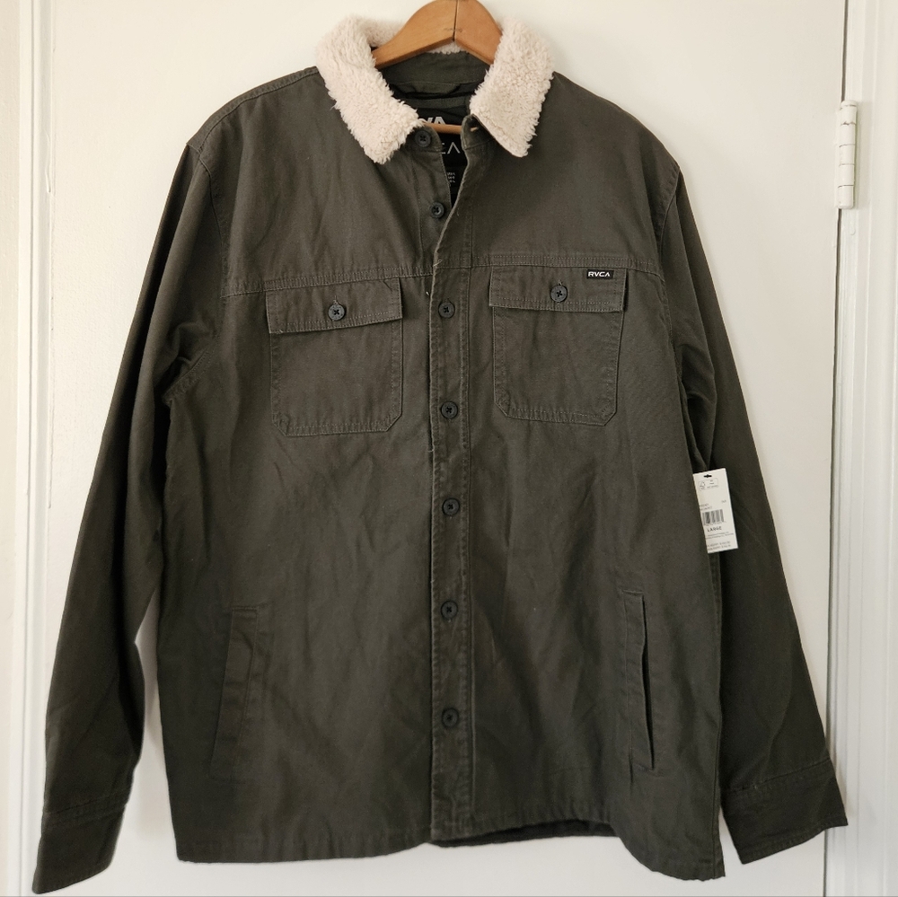 RVCA Mens Green Range Jacket L Shacket Sherpa Collar Utility Lined Rugged NWT